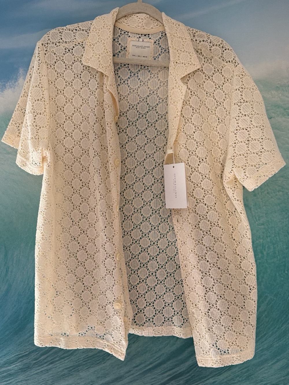 Cream Crochet Short Sleeve Button-Up
